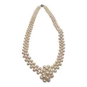Vintage Freshwater Pearl Necklace 3 Strand & White Cluster Center woven